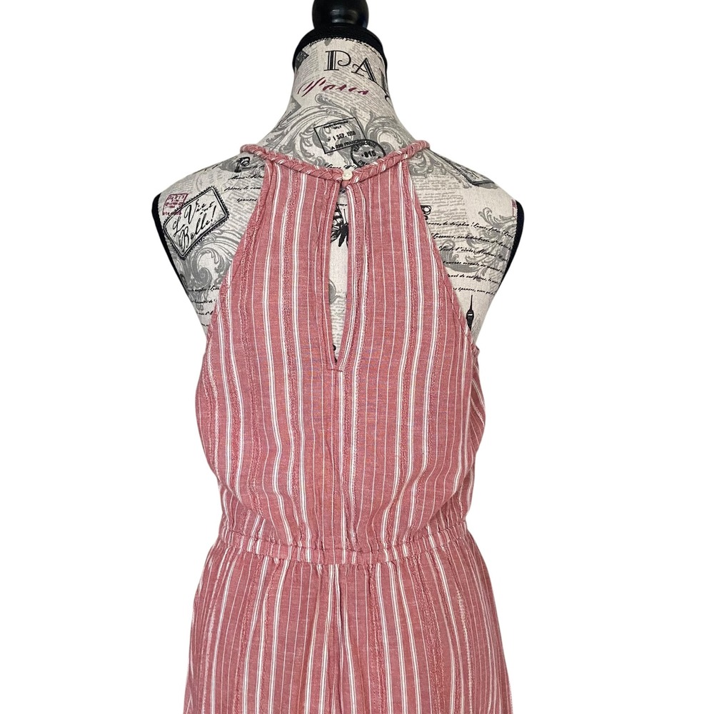 Old Navy Midi Dress Womens Medium Red Stripe Linen Blend Braided Halter Boho - Picture 4 of 12